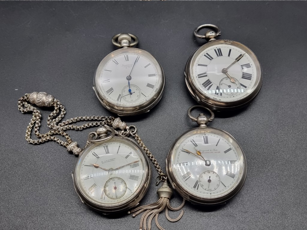 Four silver open face pocket watches; to include one signed 'P W Bloom, 9 High St West Sunderland'.