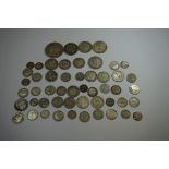 Coins: a quantity of UK and world silver coins; to include a French Republic 1873 5 franc, Paris