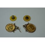 Coins: two 1981 1/10 oz Krugerrands, in 9ct gold earring mounts, gross weight 8.4g.