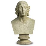 A carved white marble portrait bust of Nicolas Copernicus