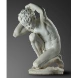 A carved white marble crouching faun