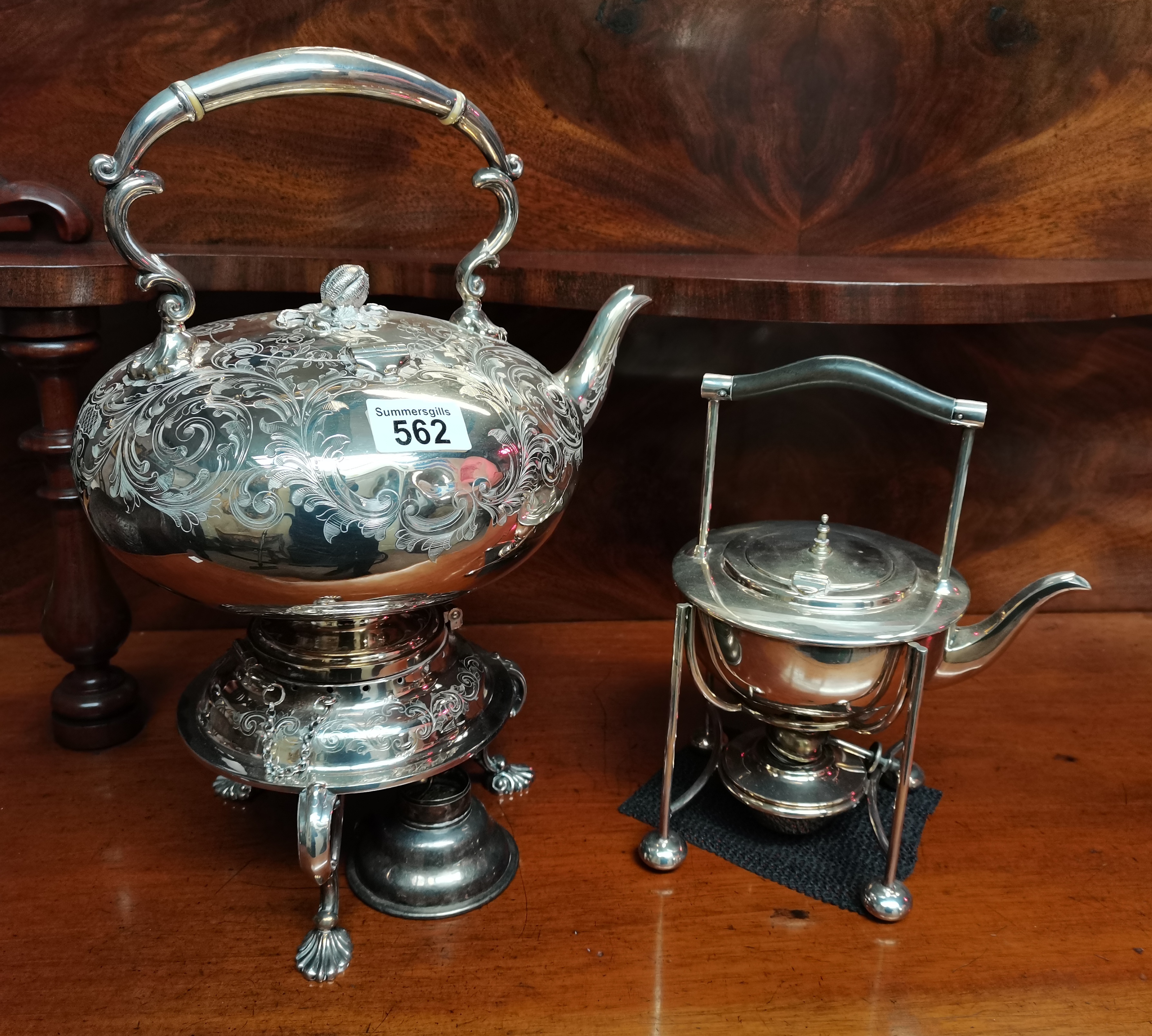 x 2 Silver plated spirit kettles, in style of Dr Christopher Dresser