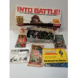 Box of toy soldiers with leaflets on battles