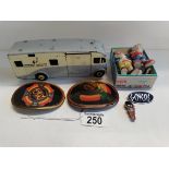 x2 boxed Pelham puppets, x2 1977 Pacifica belt buckles, X2 pins, Dinky toy Horsebox, x3 the noddy