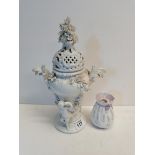 Small Royal Worcester Vase No 2531 and a white Meissen Lidded Ornate vase with Cherubs
