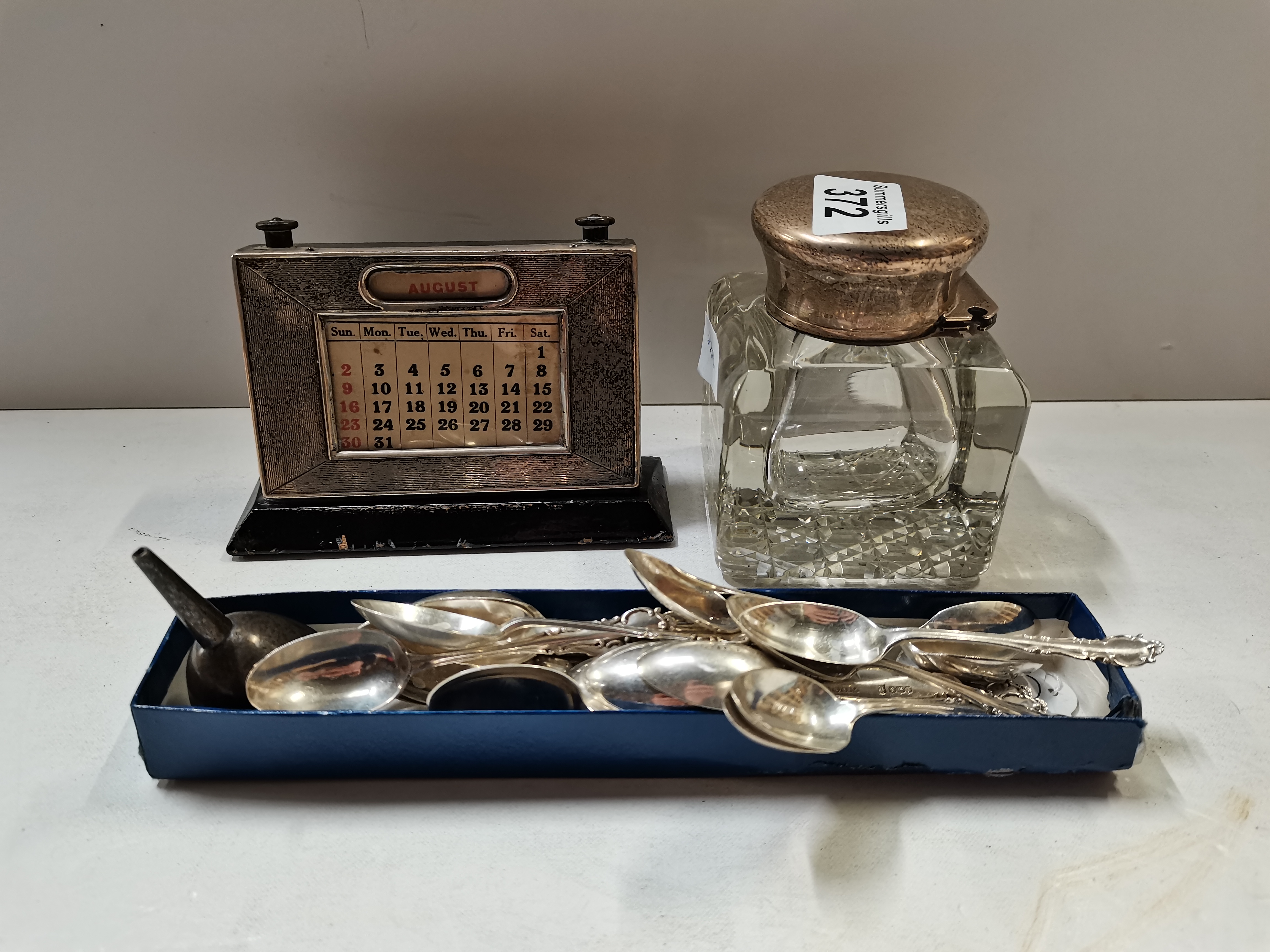 Cut glass and silver ink well, Silver calendar, mixed box of siler teaspoons