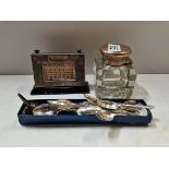 Cut glass and silver ink well, Silver calendar, mixed box of siler teaspoons