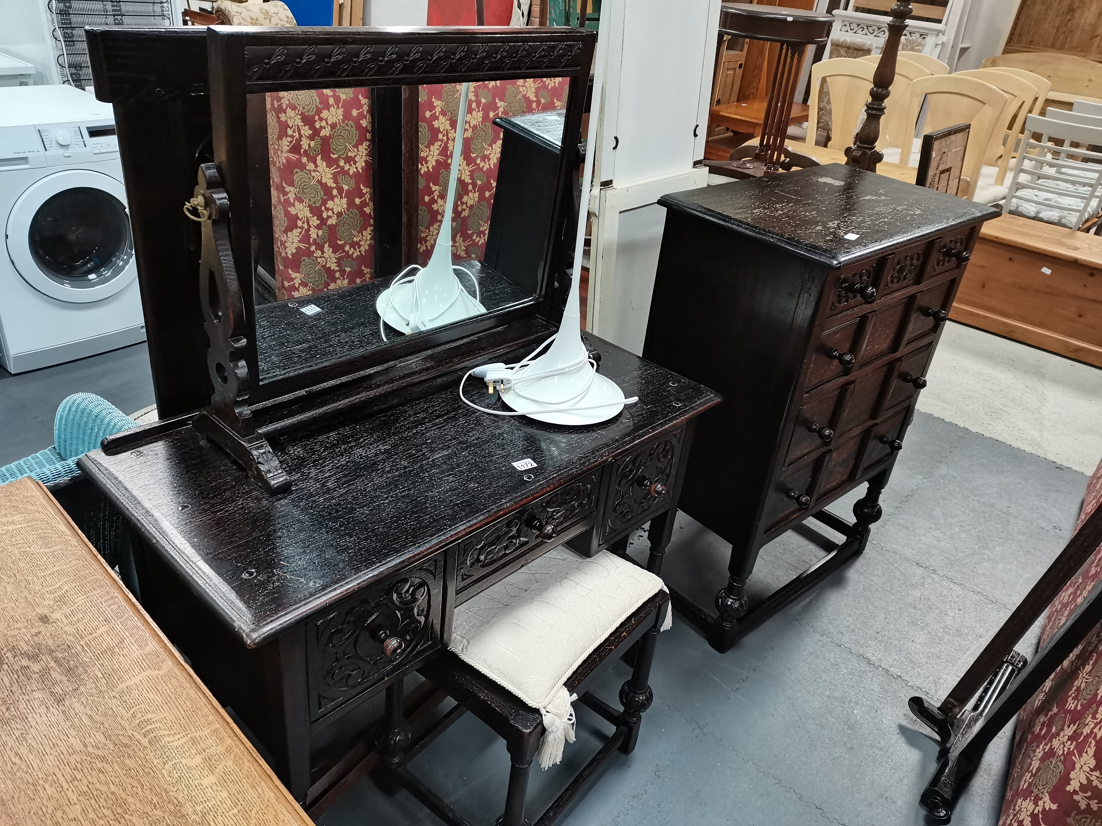 Dark oak carved bedroom furniture plus lamp