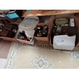 5 x boxes misc items incl old tins, plated ware cutlery etc