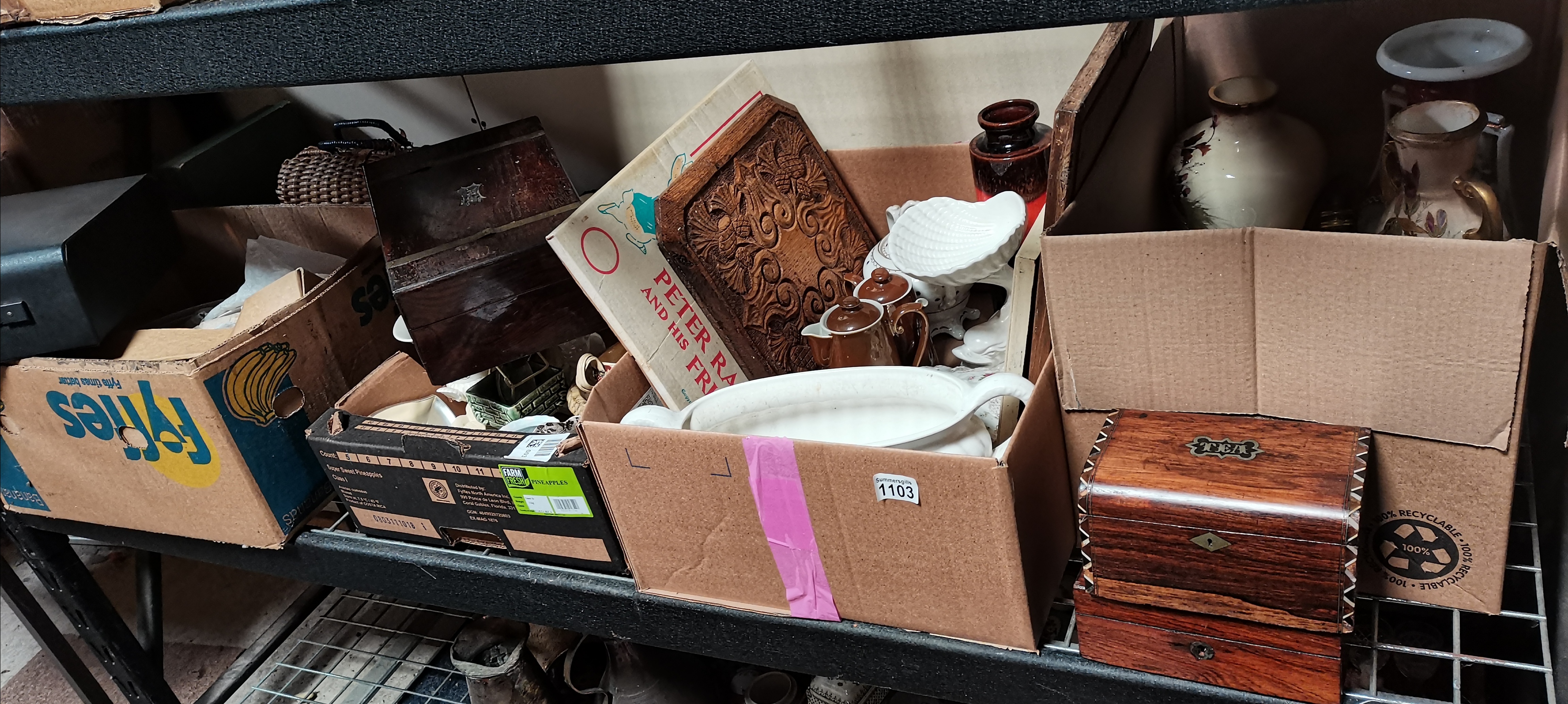 4 x boxes misc. items incl Vintage picnic set, mahogany tea box, vases etc