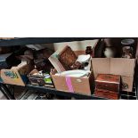4 x boxes misc. items incl Vintage picnic set, mahogany tea box, vases etc