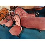 Set of 6 Victorian balloon back dining chairs, nursing chair and chaise longue