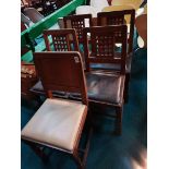 Set of 4 Oak Lattice back dining chairs with leather seats plus one tan leather oak dining chair