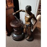 Bronze 6ft Statue of David and Goliath on Antique Wooden Stand