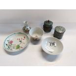 x2 Chinese bowks and one saucer, x1 chinese flower vase, x2 chinese brass trincket boxes