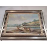 Oil painting of boating scene by Ted Dyer in silvered frame St Anthonys