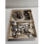 Box of assorted Silver items inc: 6x London silver dessert spoons, Sheffield small tray, etc.