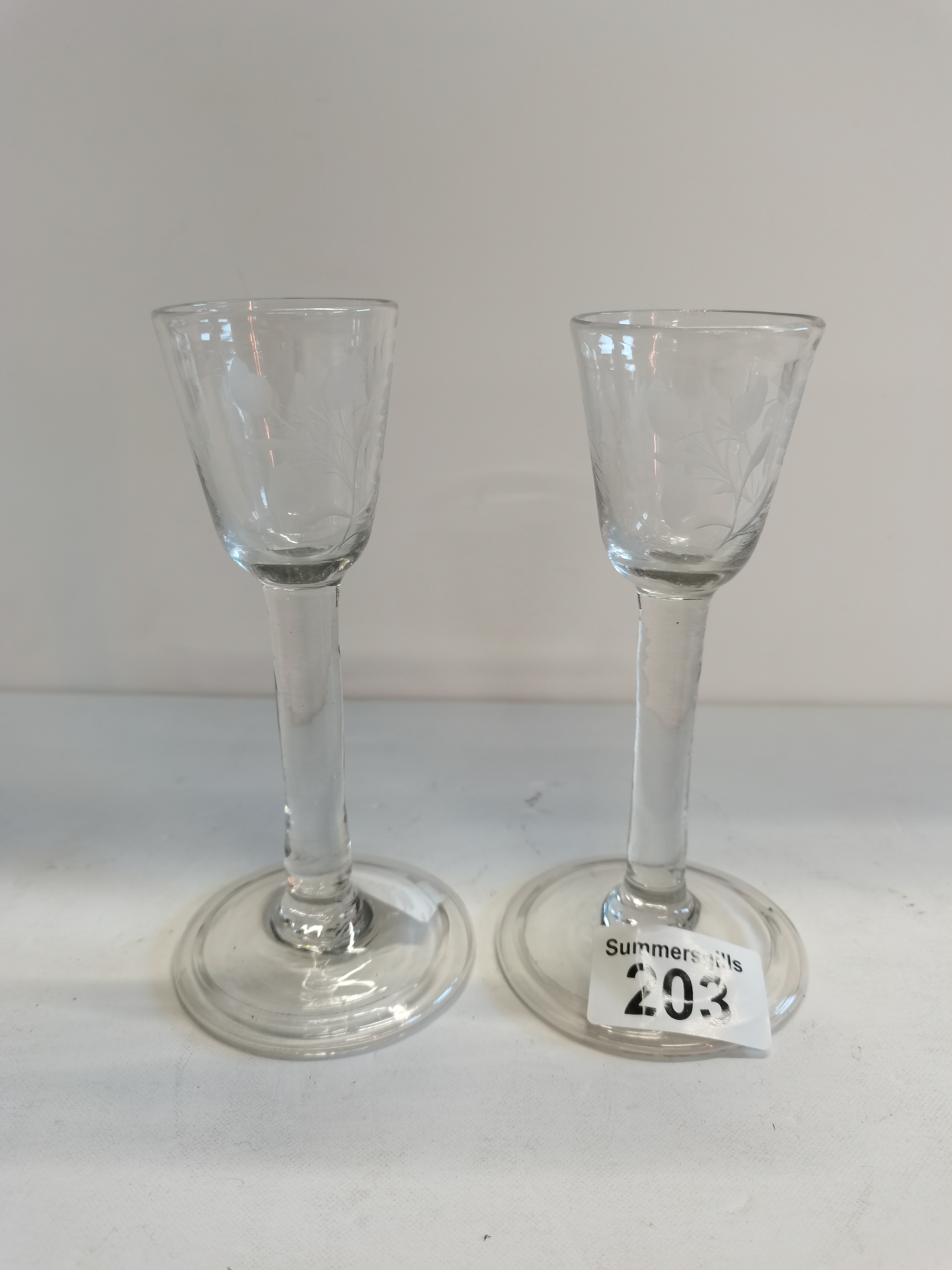 2 Antique Etched Glasses on Stems