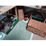 Misc items incl wicker baskets, books, copper warming pan, glasses etc