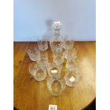x11 cut glass whisky glasses and decanter with lid. One glass has slight chip on the rim