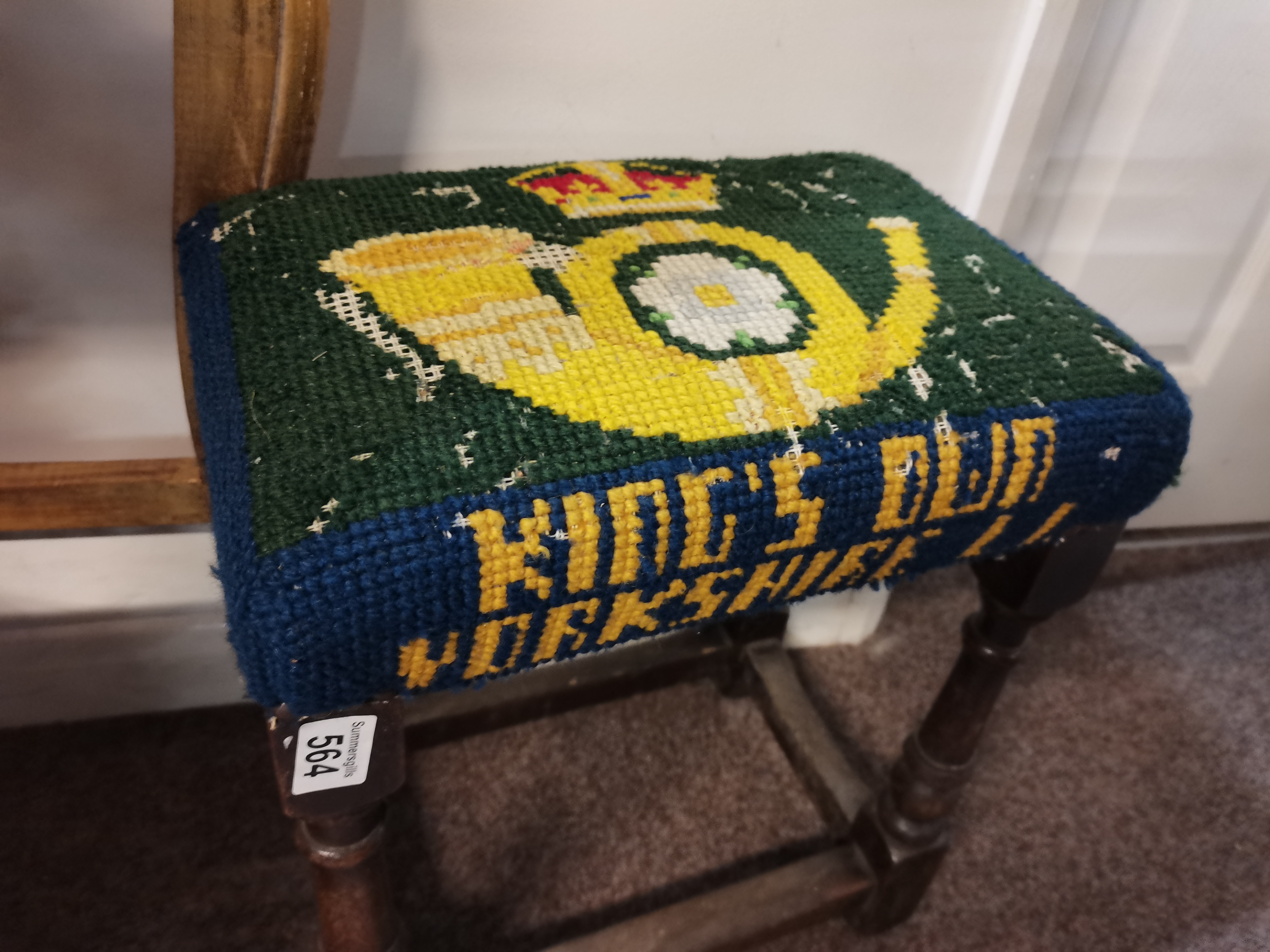 Military Joint stool with tapestry KINGS OWN emblem - Image 2 of 3