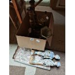 2 x boxes misc items incl glassware, brass and glass lamps