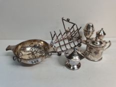 Siler Toast rack, x2 Silver pepper pots, x2 Silver mustard pots and a silver bowl