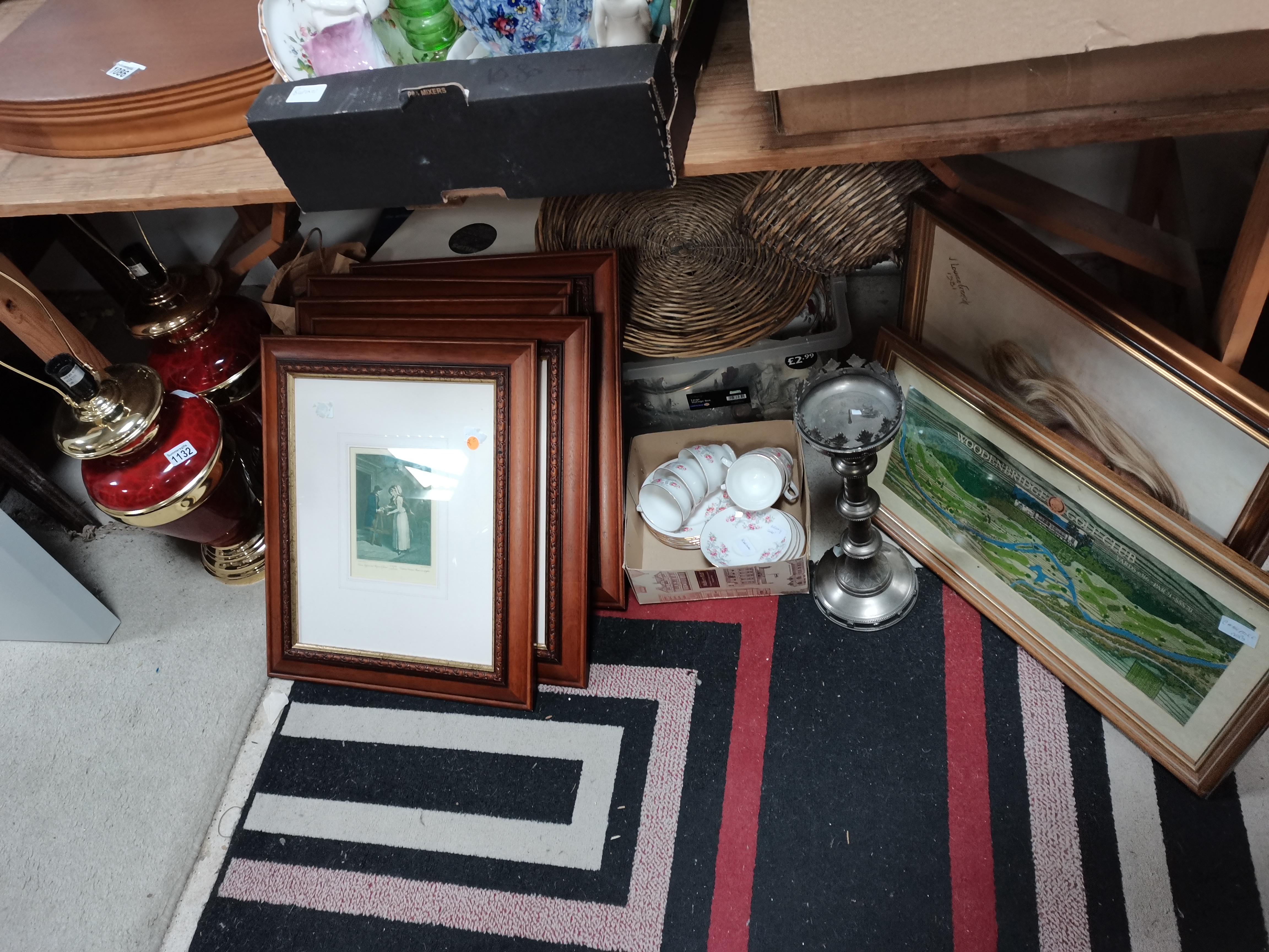 Misc items incl framed pictures and maroon table lamp bases