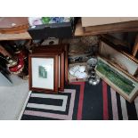 Misc items incl framed pictures and maroon table lamp bases