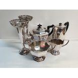 Silver plated tea pot, coffee pot, sugar bowl, milk jug and x2 flower vases