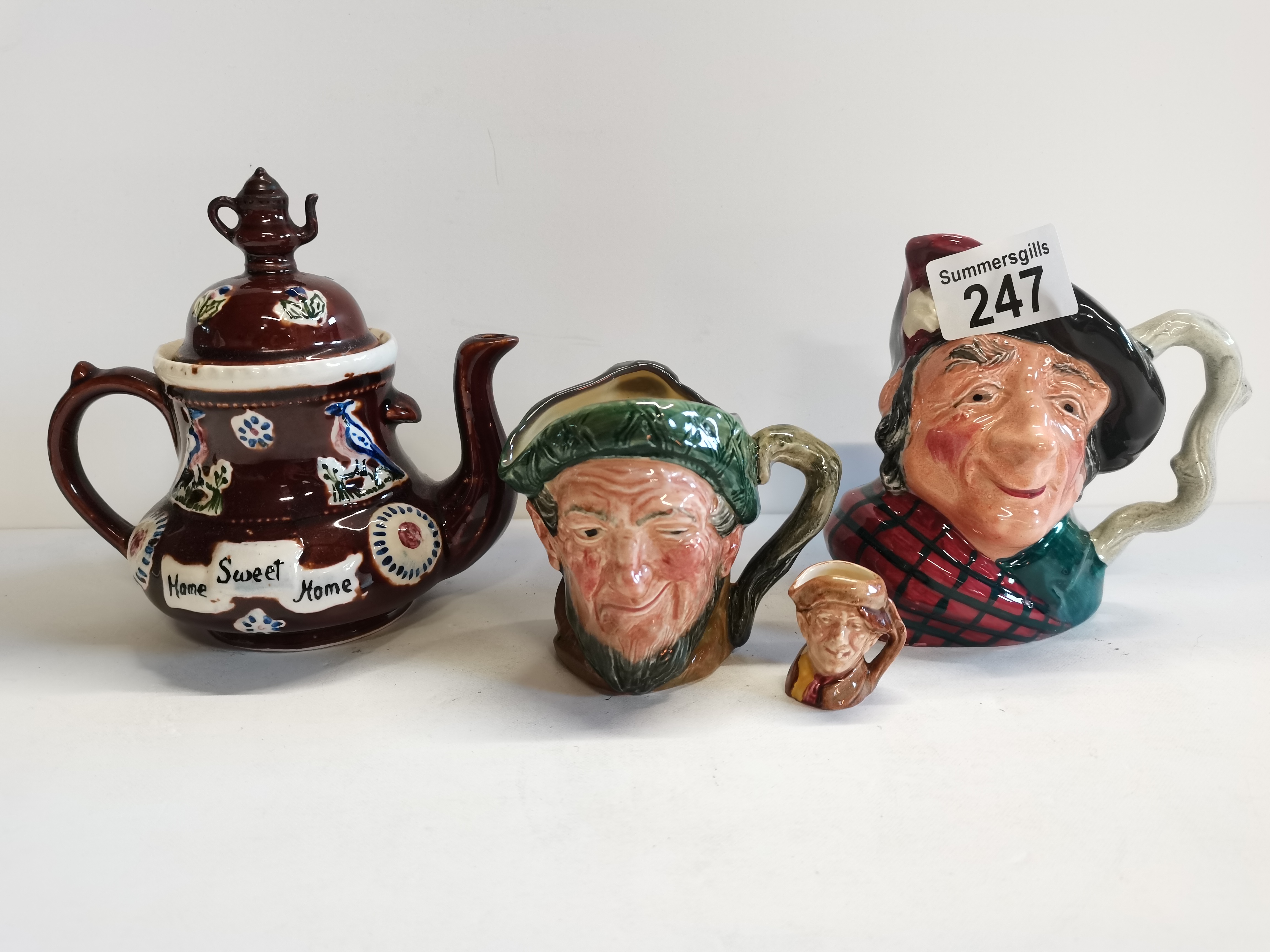 Decorative small barge tea pot and x3 character jugs inc 2 Royal Doulton