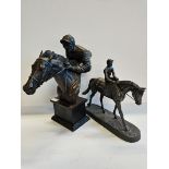 2 Horse and Jockey Figures Plus a Bust in bronze effect