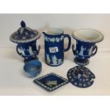 Wedgewood Blue and white Chinese flower vases x2 (one with broken lid), X1 jug and 2 small dishes