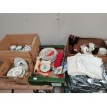 4 x boxes misc. items incl plates, binoculars, lace and linen etc