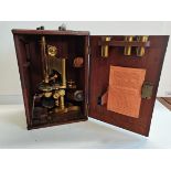 Brass Microscope in Wooden Box with Key