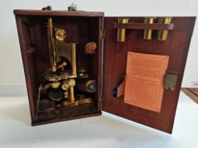 Brass Microscope in Wooden Box with Key