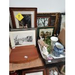 Misc items incl framed pictures, canteen cutlery, green glassware etc