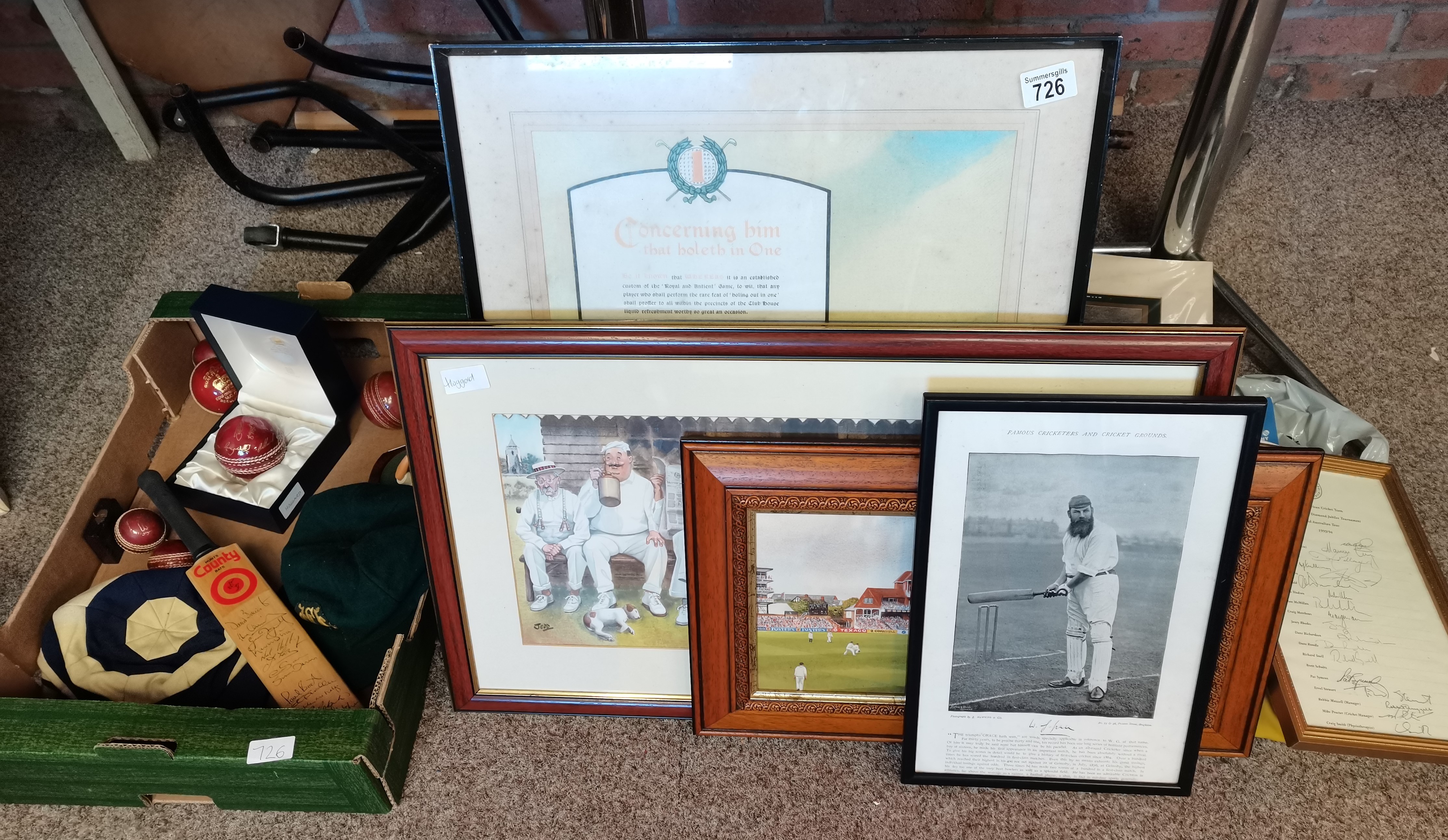 Cricket memorabilia - prints, caps, Yorkshire balls, South Africa team autographs 1993/4