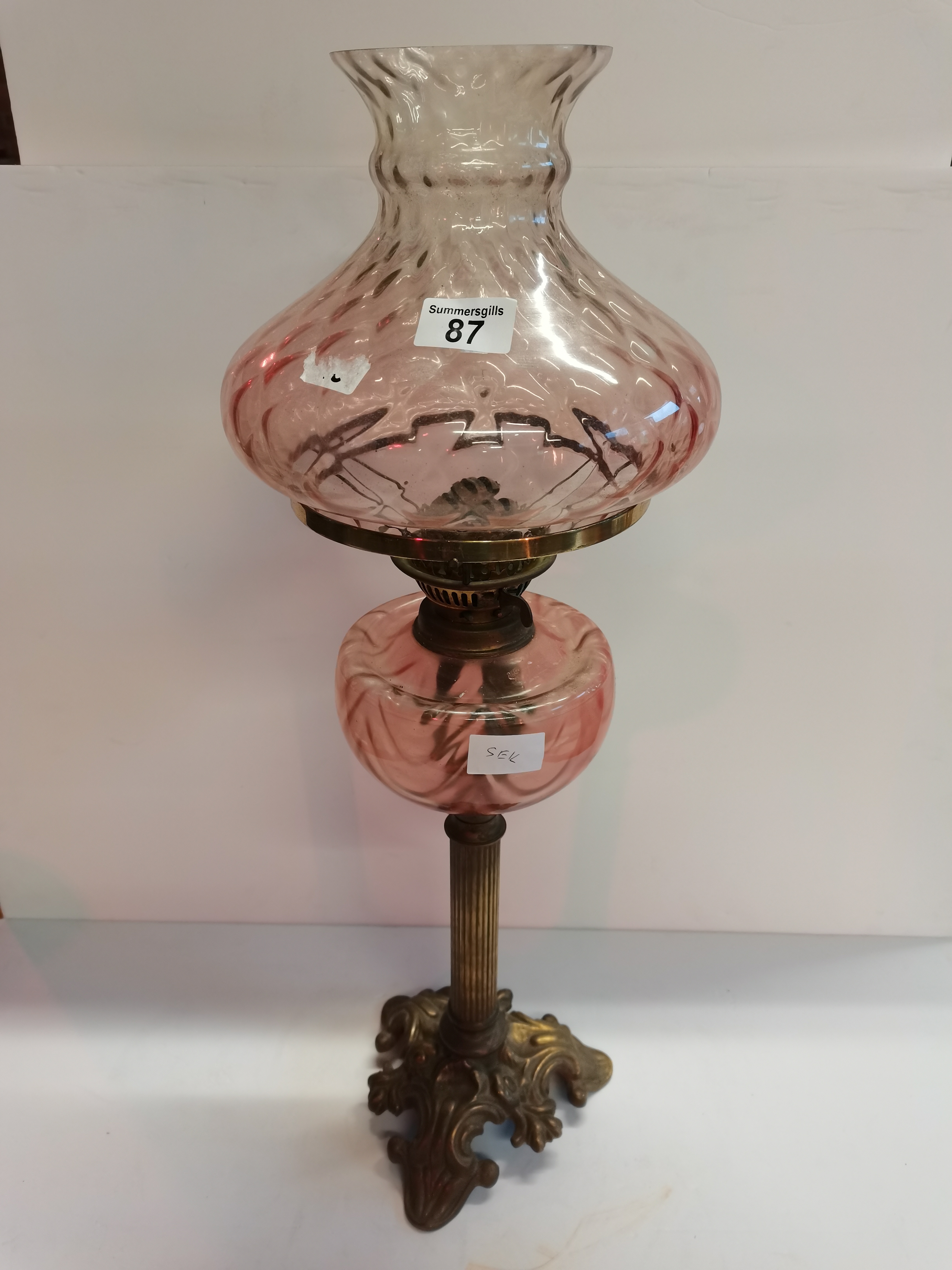 Large Brass and Pink Glass Oil Lamp
