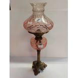 Large Brass and Pink Glass Oil Lamp