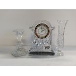WATERFORD glass mantel clock and 2 cut glass flower vases