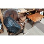 Misc furniture incl Leather chair with crest and "puffee" footstool, coffee table etc