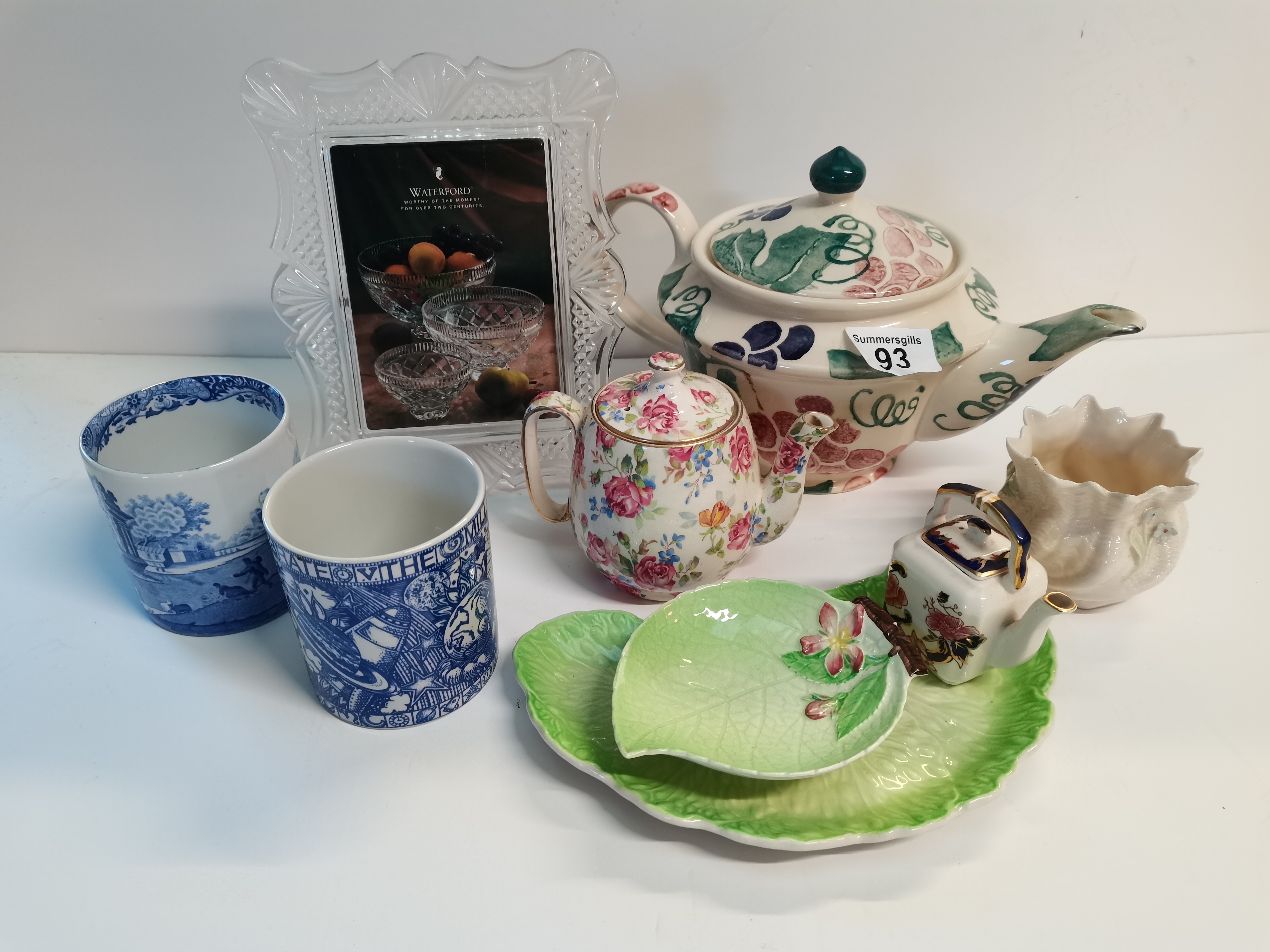 Emma Bridgwater teapot, Waterford Frame and Beellek Vase