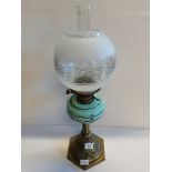 Large Brass and Green Oil Lamp