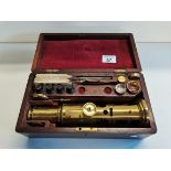 Brass Microscope in Wooden Box with Key