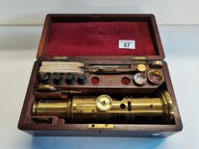 Brass Microscope in Wooden Box with Key