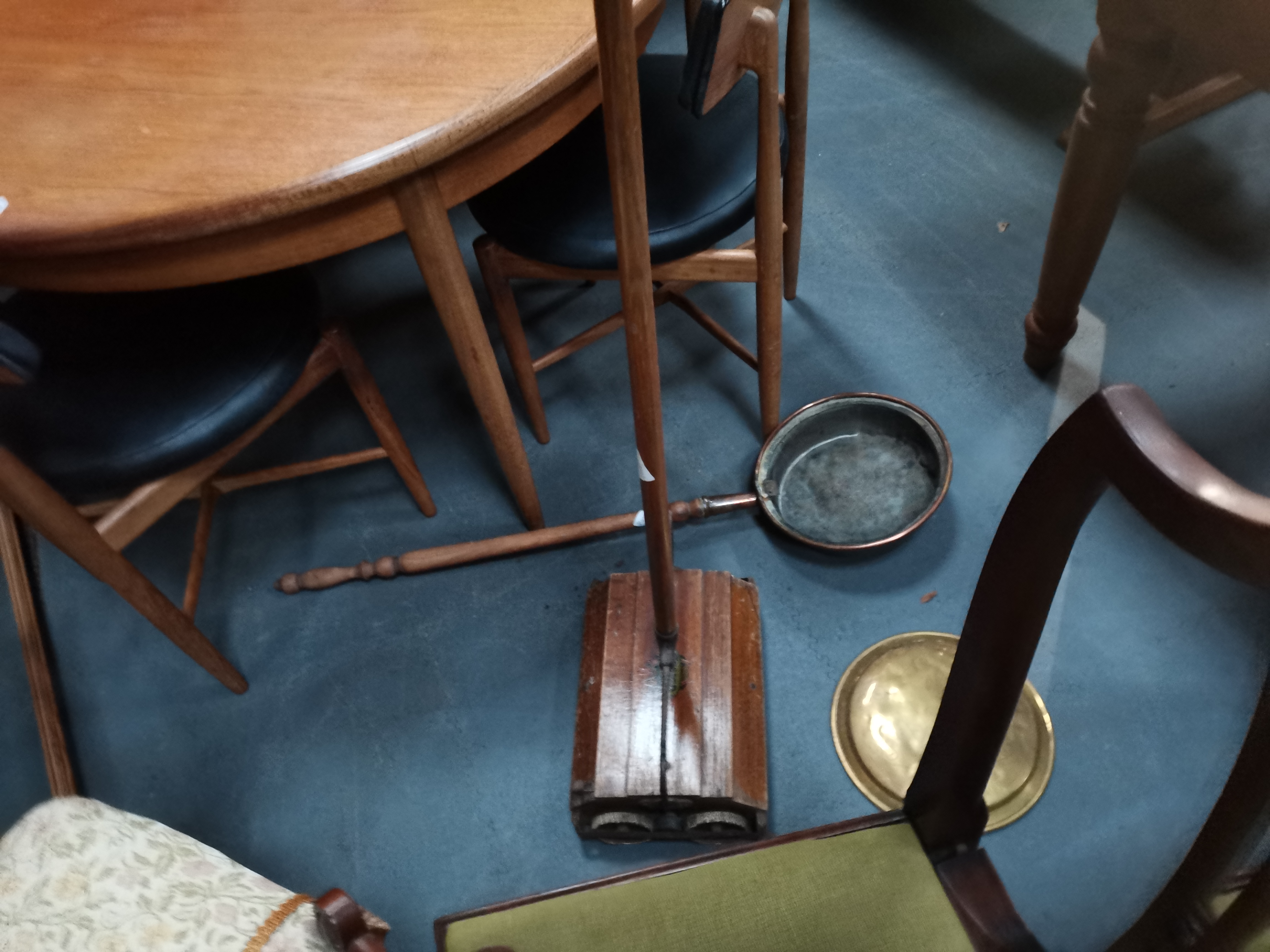 Vintage carpet sweeper and warming pan