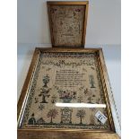 2 x samplers embroidered and dated in gold frames 1 large 1 small