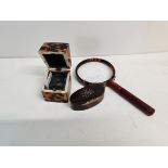 Early 18th century tortoiseshell inkwell and magnifying glass etc.