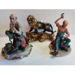 3 Figures 1 man Sewing 1 cobbler and a Chinese Gilded Lion on Golden Base